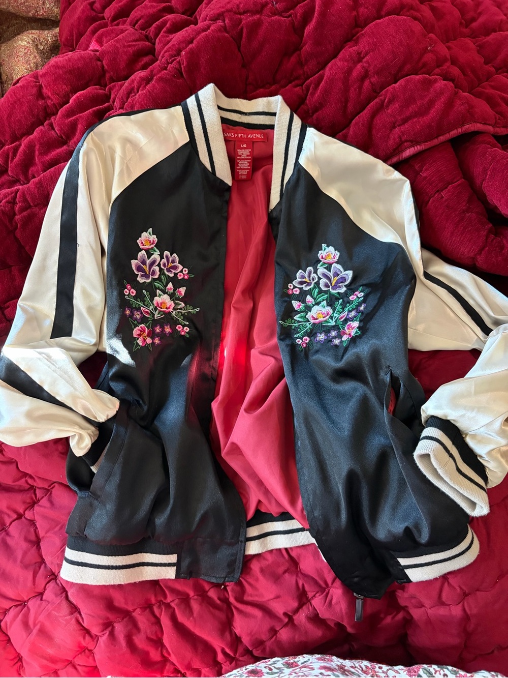 Saks Fifth Avenue Black & Cream Floral Embroidered Bomber Jacket